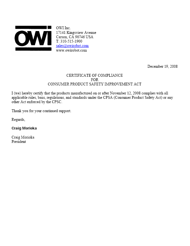 CPSIA certificate of compliance